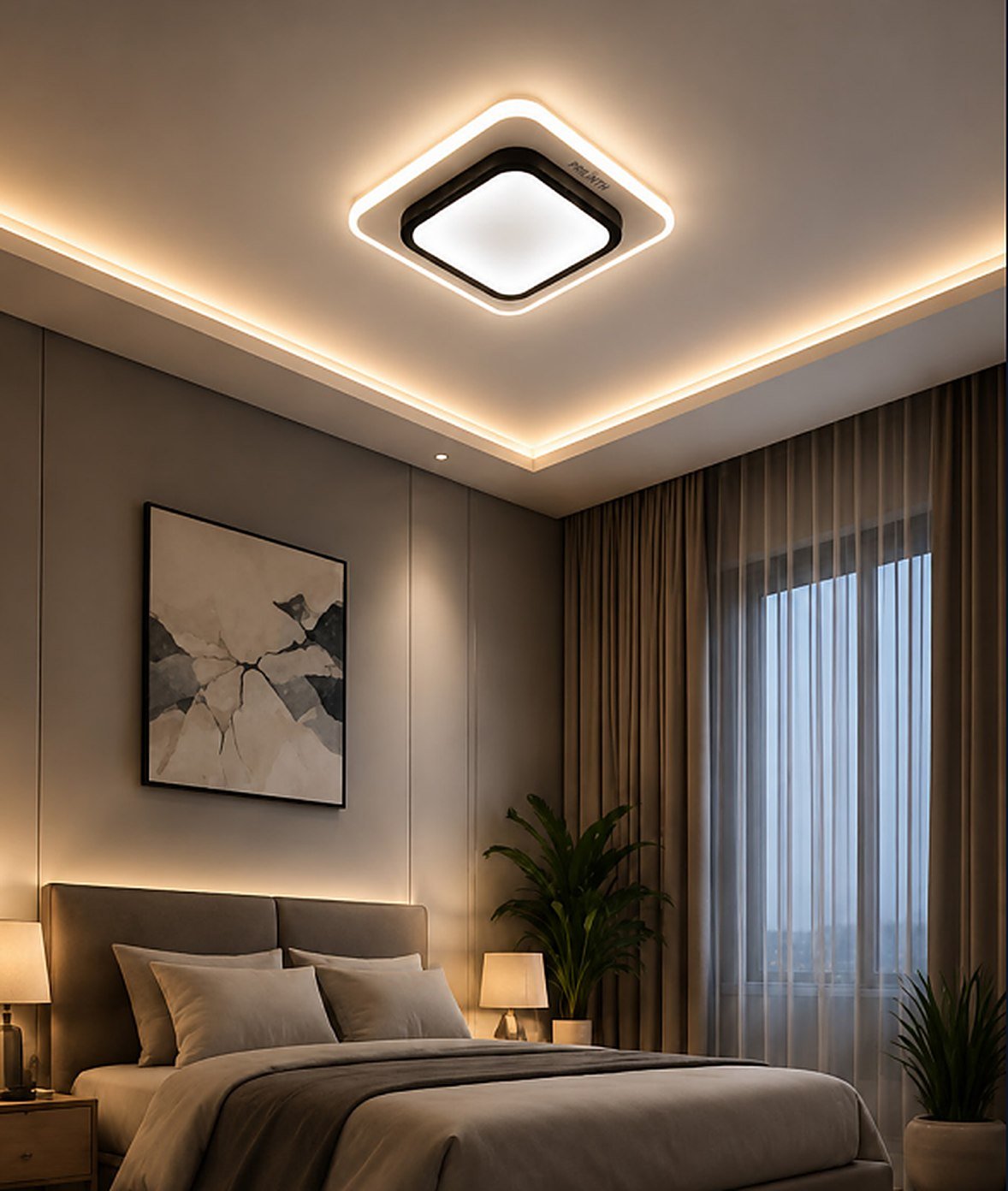 Prilinth Square Black ceiling light glowing warmly in a modern bedroom